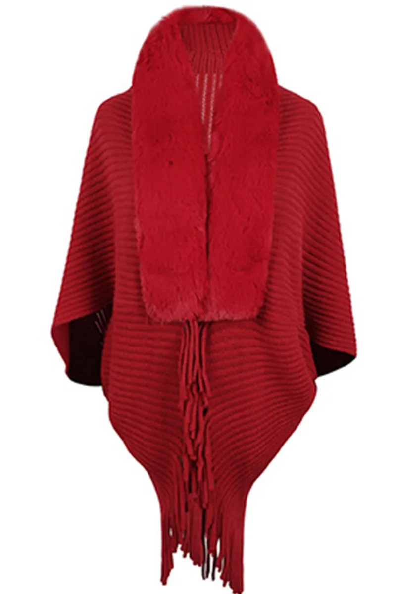 WOMEN WINTER FURRY TASSEL DETAILED SHAWL WRAP Raw Edge Finish Oversized Silhouette