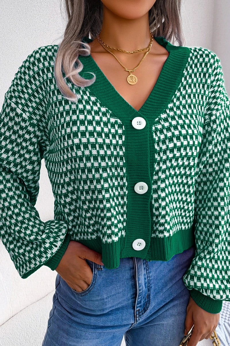 Light Fabric WOMEN PATCHWORK KNIT BIG BUTTON DOWN CARDIGAN