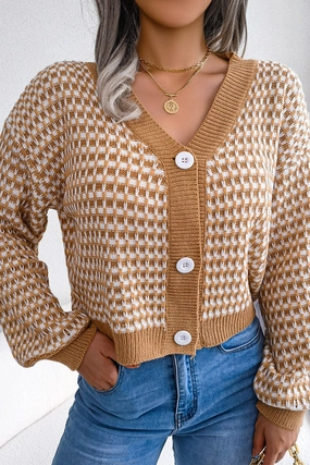 WOMEN PATCHWORK KNIT BIG BUTTON DOWN CARDIGAN Distressed Texture Erasable Surface Coating