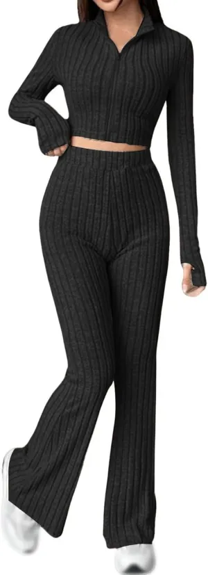 Womens 2 Piece Lounge Sets Long Sleeve Cropped Ribbed Knit Tops Wide Leg Pants Ribbed Lounge Set