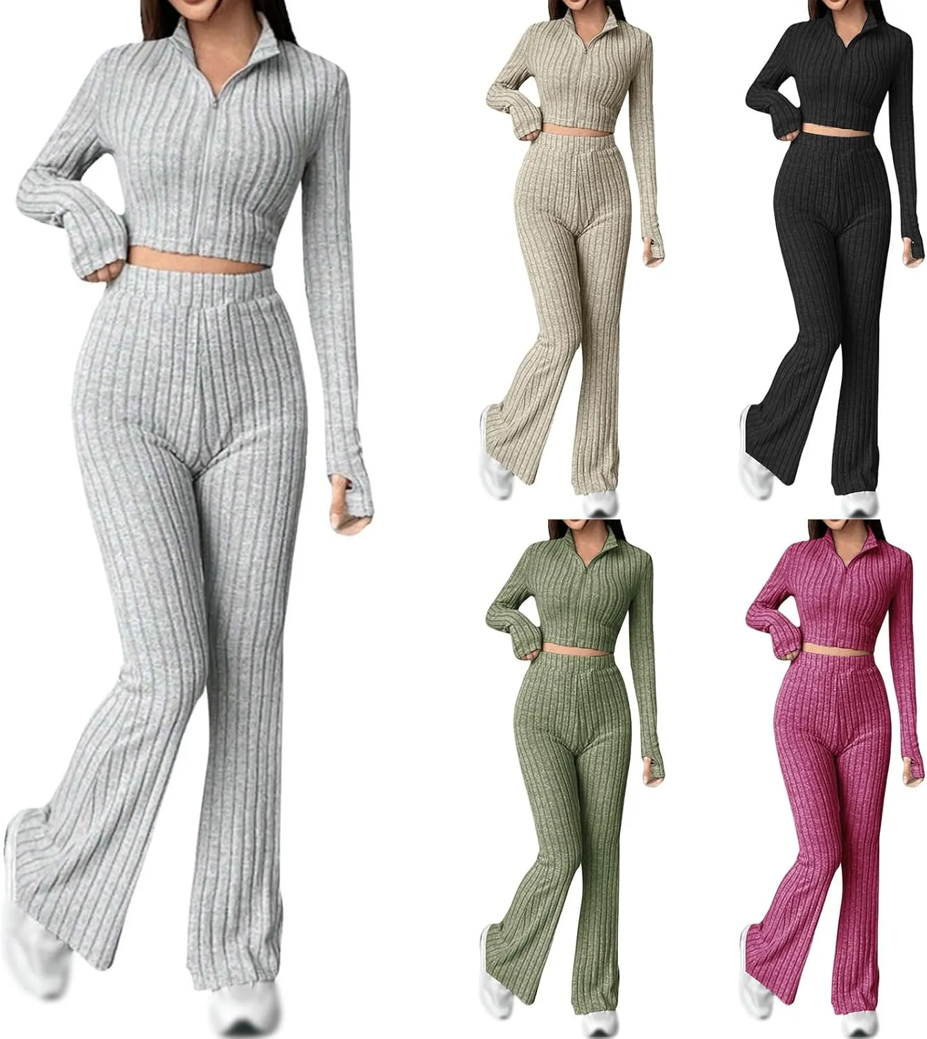 Womens 2 Piece Lounge Sets Long Sleeve Cropped Ribbed Knit Tops Wide Leg Pants Ribbed Lounge Set