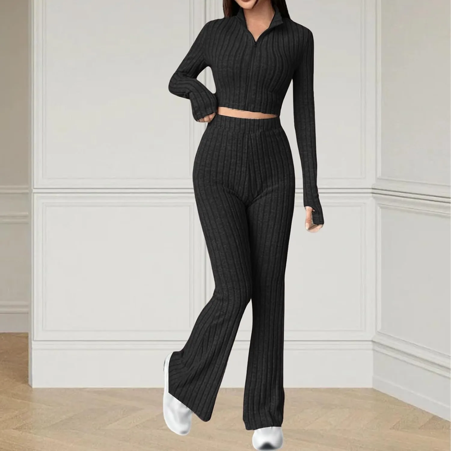 Womens 2 Piece Lounge Sets Long Sleeve Cropped Ribbed Knit Tops Wide Leg Pants Ribbed Lounge Set