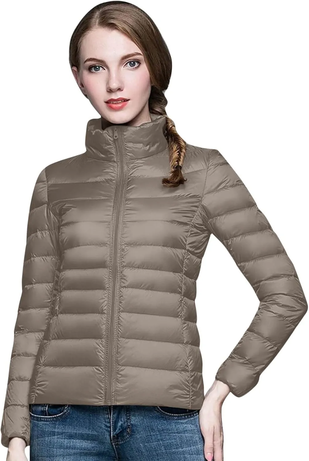 Womens 2024 Winter Down Coats Lightweight Petite Hoodless Zip Up Puffer Jackets Casual Warm Long Sleeve Sport Outwear