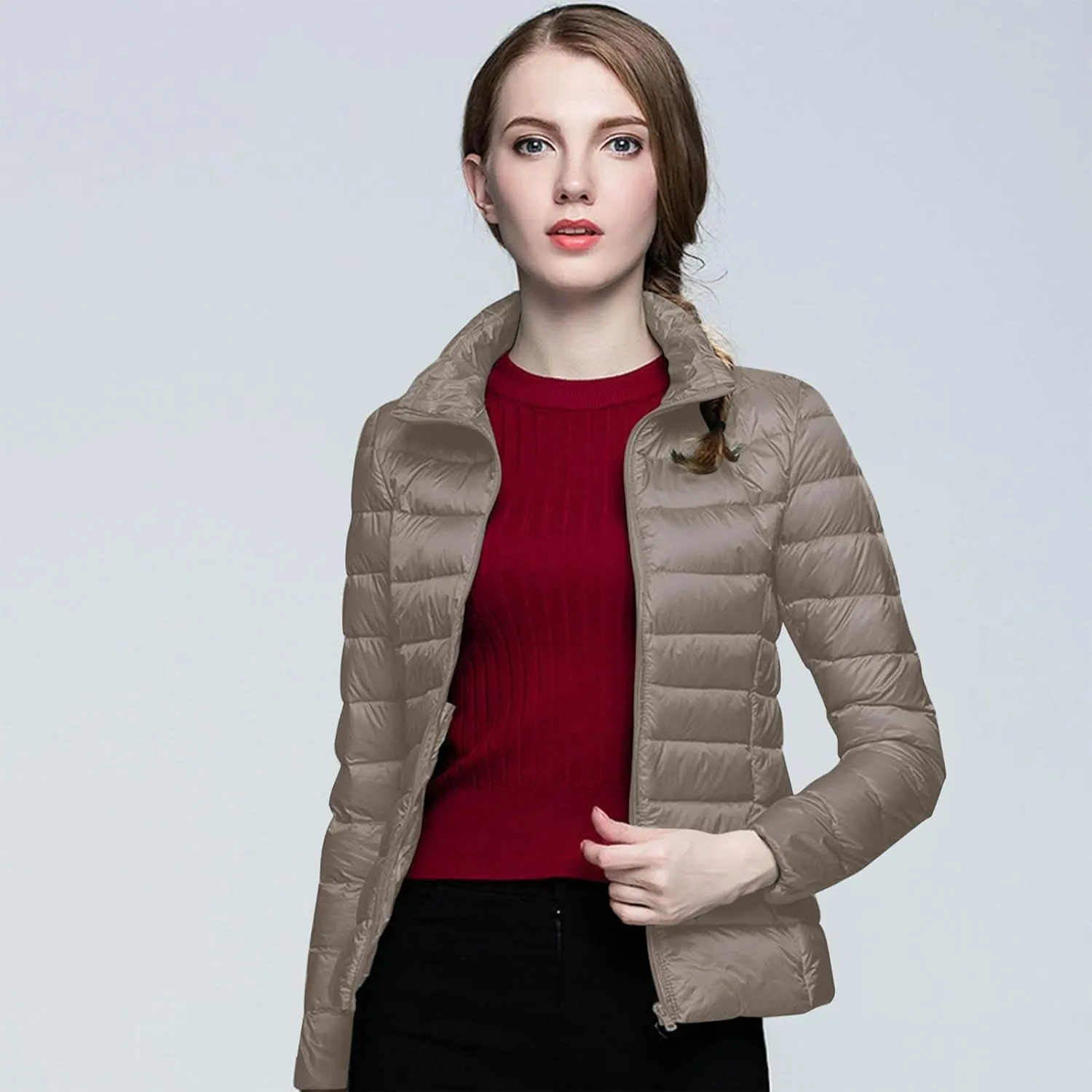 Womens 2024 Winter Down Coats Lightweight Petite Hoodless Zip Up Puffer Jackets Casual Warm Long Sleeve Sport Outwear