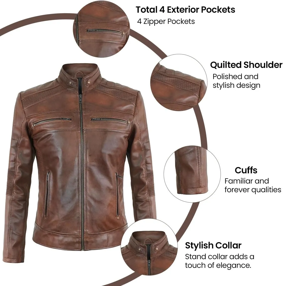 Women's Cafe Racer Motorcycle Slim Fit Biker Black Real Lambskin Leather Jacket