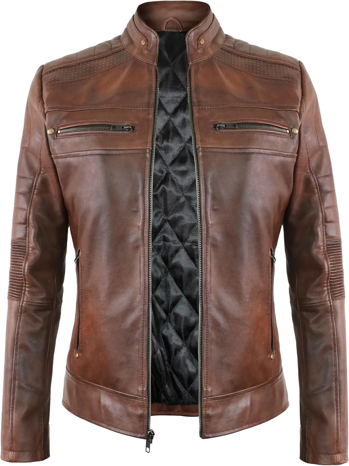 Women's Cafe Racer Motorcycle Slim Fit Biker Black Real Lambskin Leather Jacket