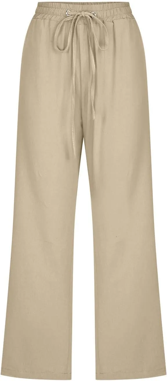 Womens Capris Pants Linen Straight Wide Leg Stretchy Waist Cropped Trousers Drawstring Loose Pants Casual Summer 2025