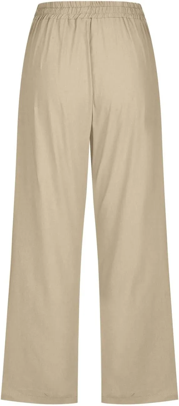 Womens Capris Pants Linen Straight Wide Leg Stretchy Waist Cropped Trousers Drawstring Loose Pants Casual Summer 2025