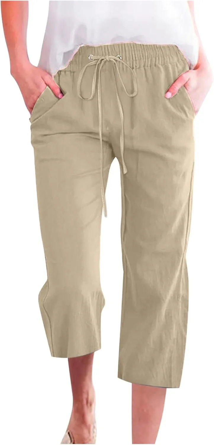 Womens Capris Pants Linen Straight Wide Leg Stretchy Waist Cropped Trousers Drawstring Loose Pants Casual Summer 2025