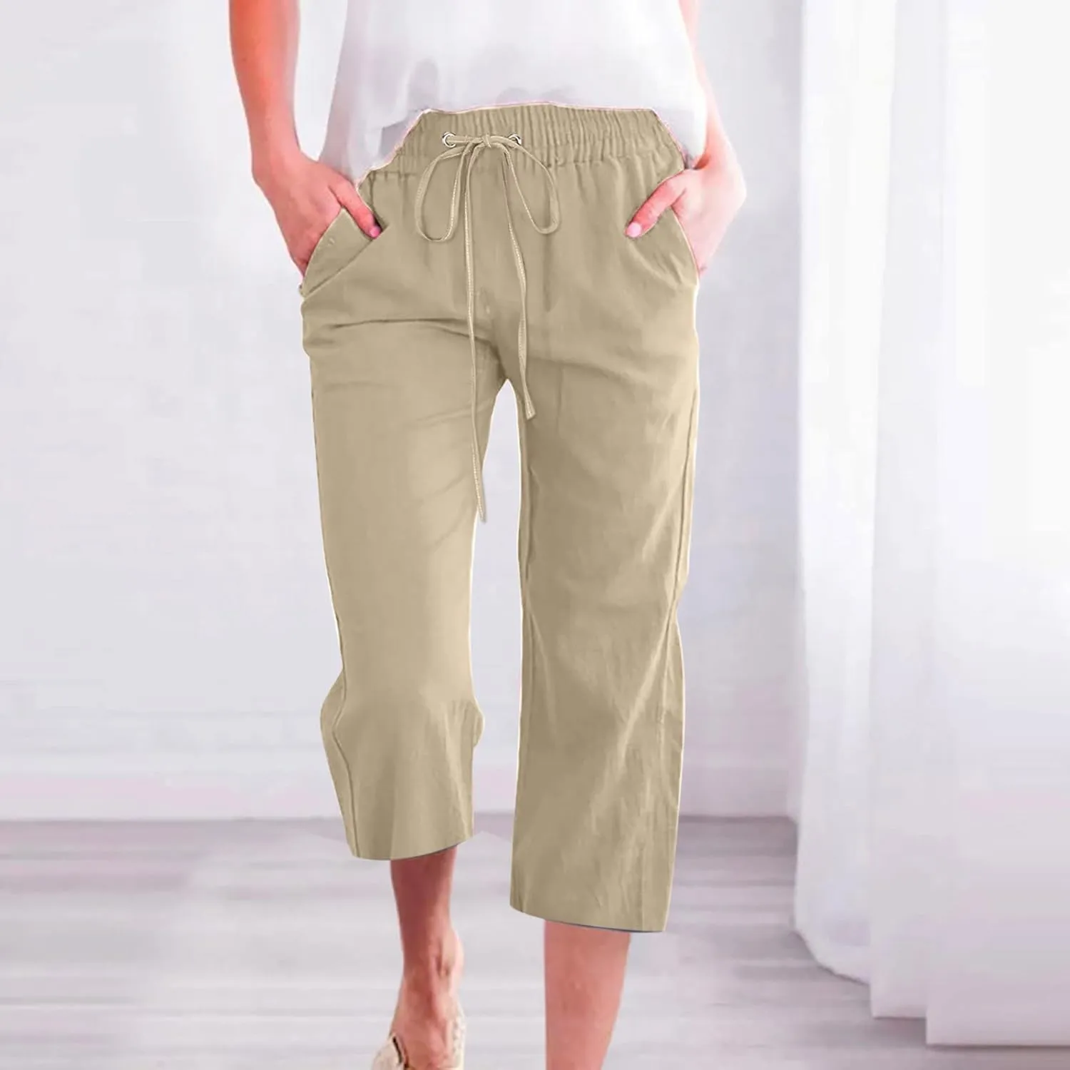 Womens Capris Pants Linen Straight Wide Leg Stretchy Waist Cropped Trousers Drawstring Loose Pants Casual Summer 2025