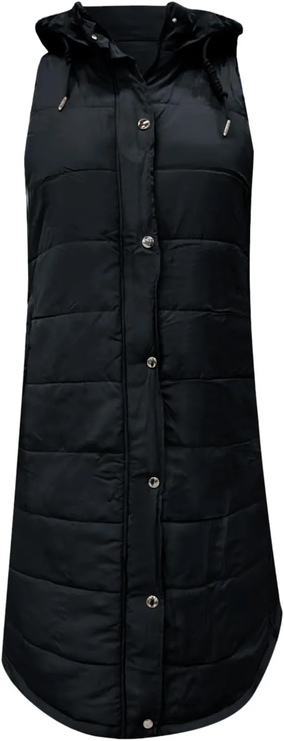 Womens Casual Hooded Down Coat Slim Temperament Puffer Jacket Vest Button Zipper Outwear Outdoor Travel Gilet Overcoat
