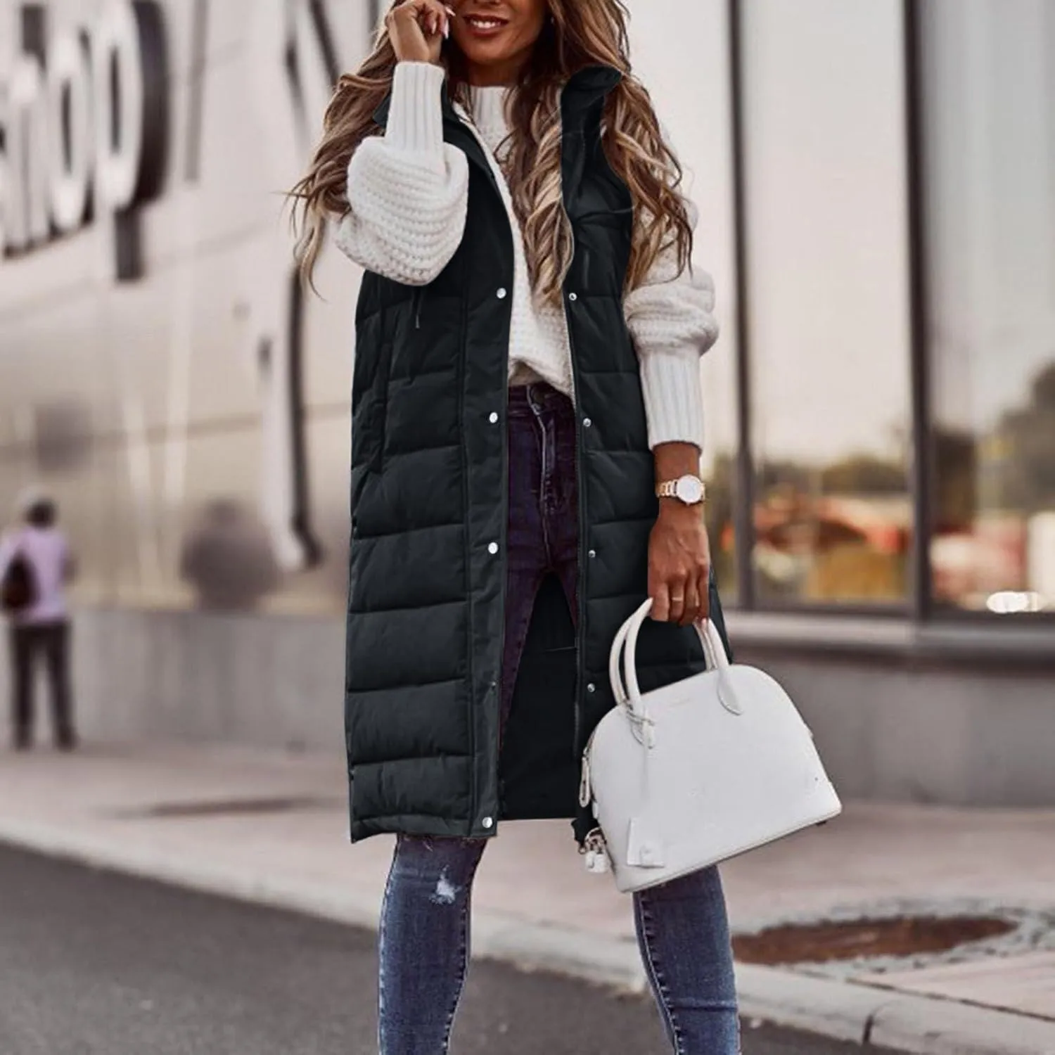 Womens Casual Hooded Down Coat Slim Temperament Puffer Jacket Vest Button Zipper Outwear Outdoor Travel Gilet Overcoat