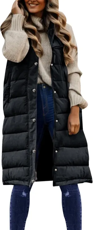 Womens Casual Hooded Down Coat Slim Temperament Puffer Jacket Vest Button Zipper Outwear Outdoor Travel Gilet Overcoat