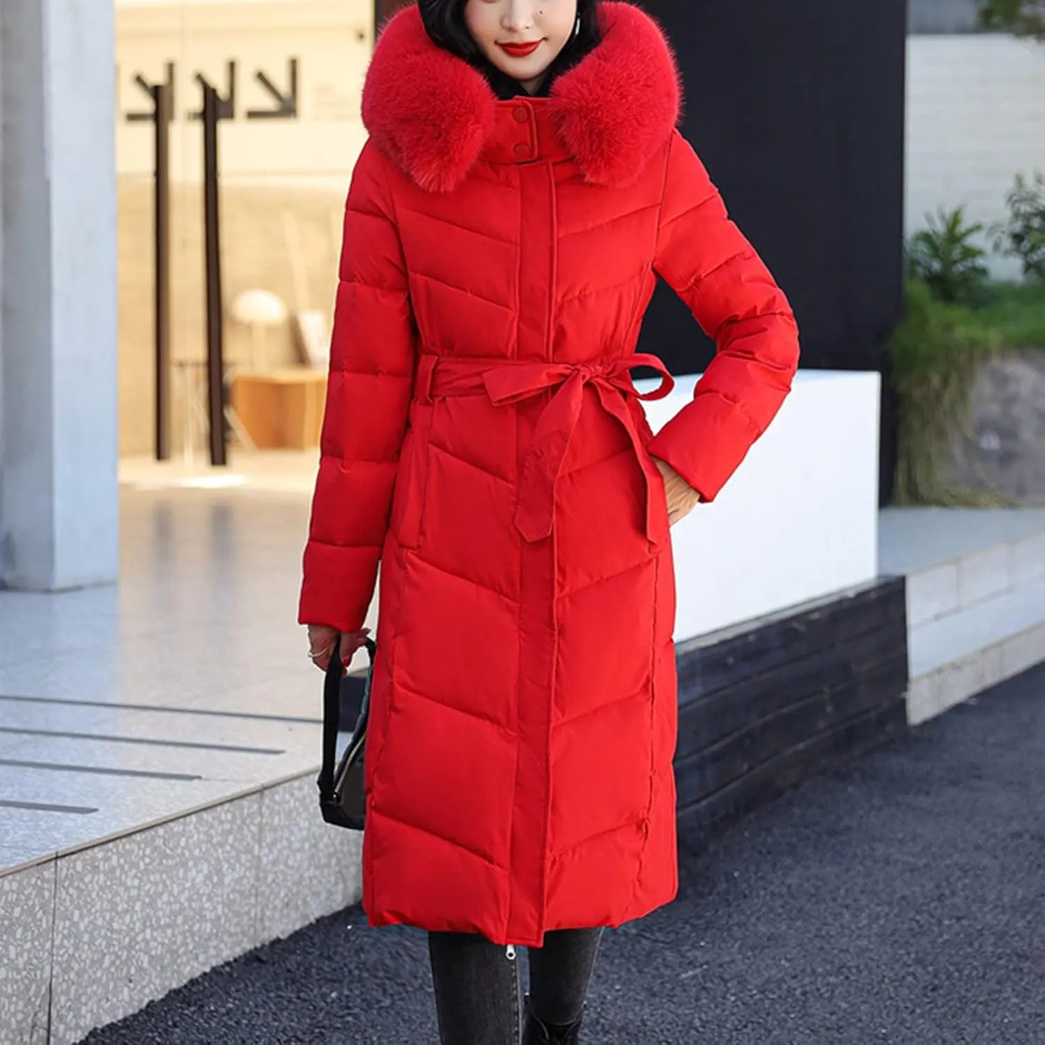 Womens Casual Solid Long Puffer Jacket Fashion Street Go Out Hooded Zipper Down Coat 2024 Winter Warm Outwear Outfits