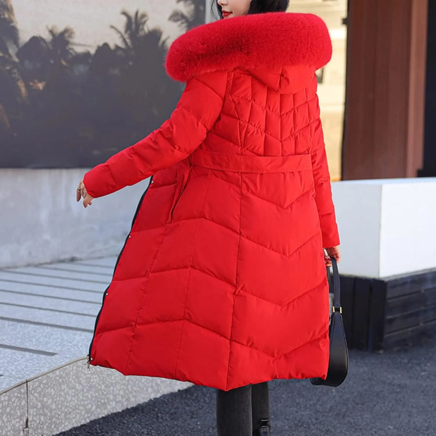 Womens Casual Solid Long Puffer Jacket Fashion Street Go Out Hooded Zipper Down Coat 2024 Winter Warm Outwear Outfits