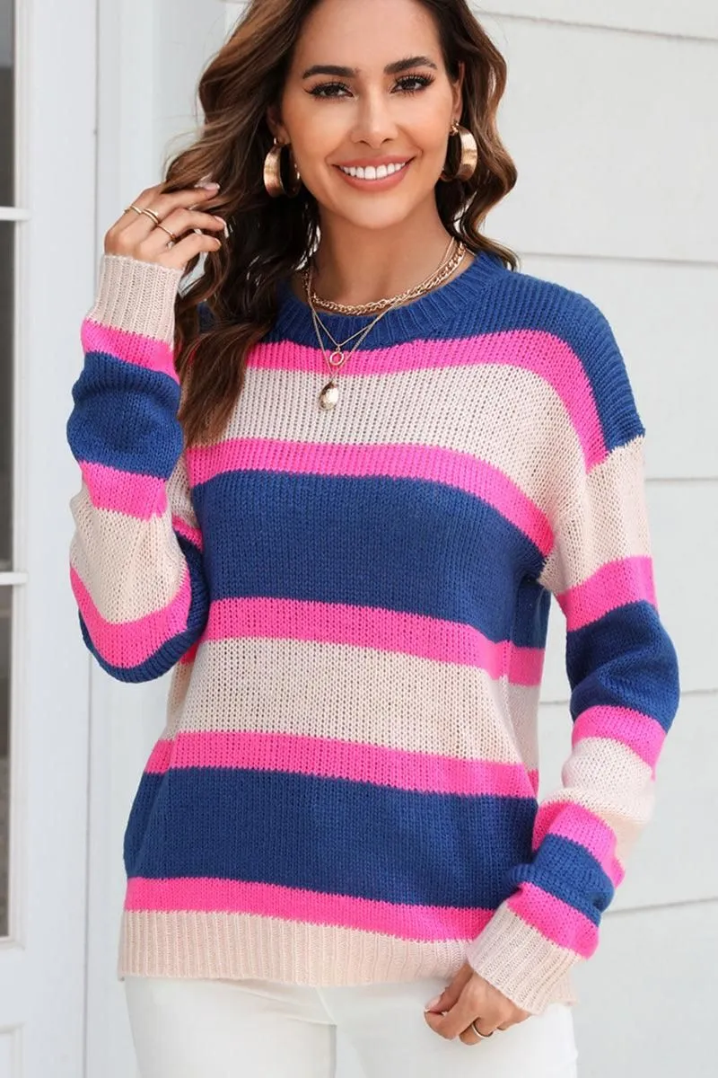 RelaxedNeckline WOMENS COLOR STRIPE CASUAL SWEATER TOP
