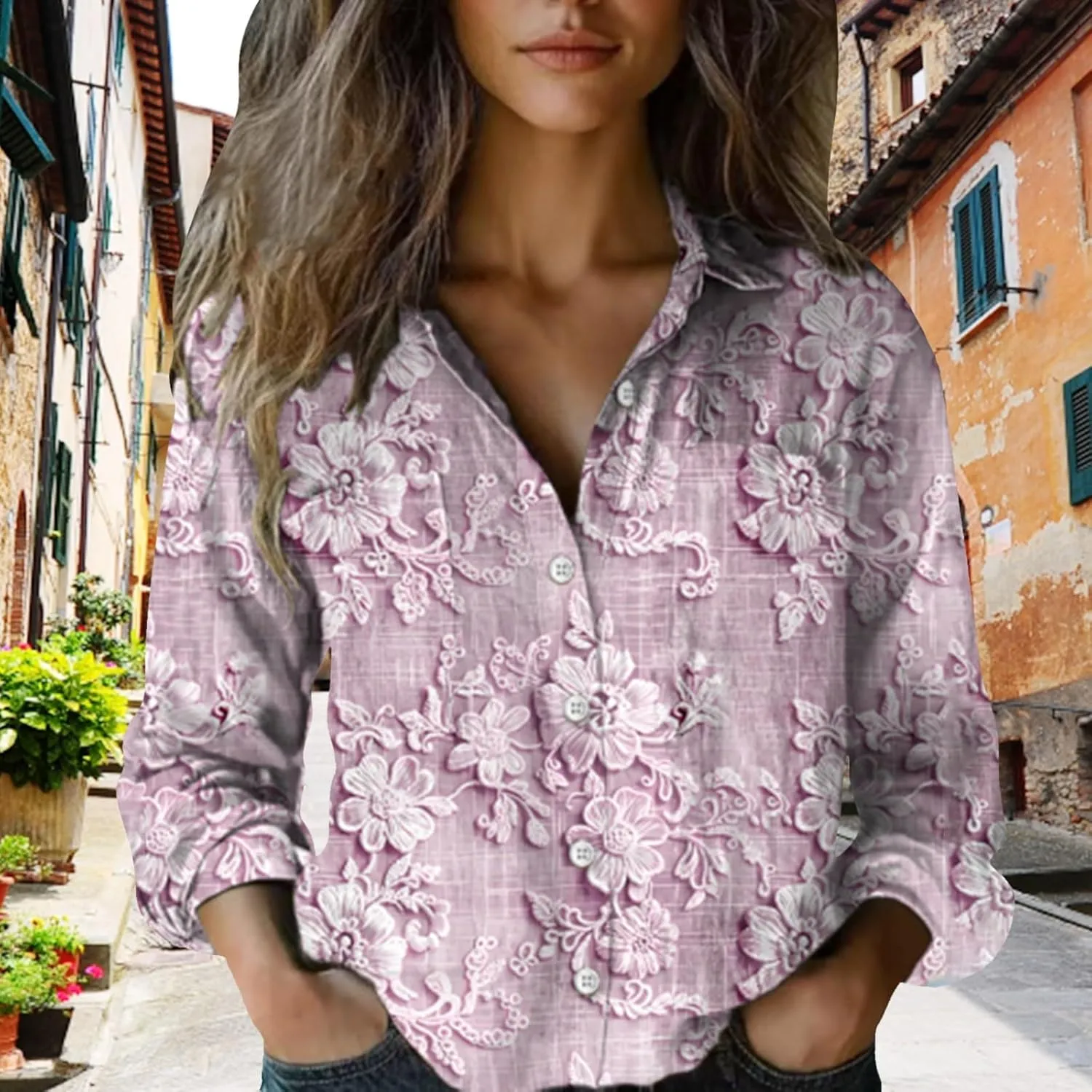 Womens Cotton Line Shirts Ethnic Printed Fashion Button Down Shirts Casual Tops Long Sleeve Blouses with Pockets