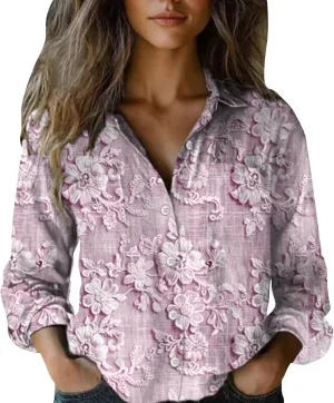 Womens Cotton Line Shirts Ethnic Printed Fashion Button Down Shirts Casual Tops Long Sleeve Blouses with Pockets
