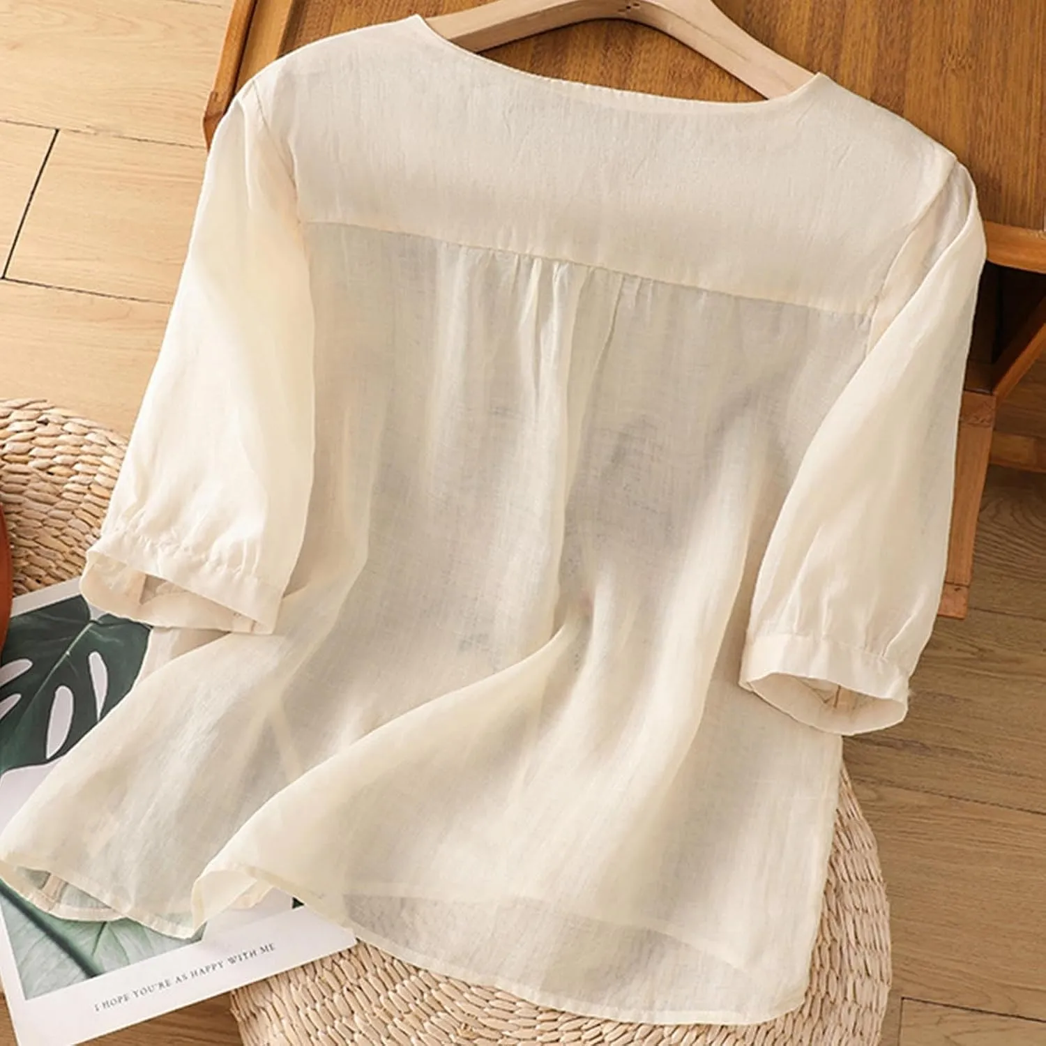 Womens Cotton Linen Button Top 3/4 Sleeve Shirts 2025 Spring Summer Casual Boho Tees Vintage Embroidered Blouse
