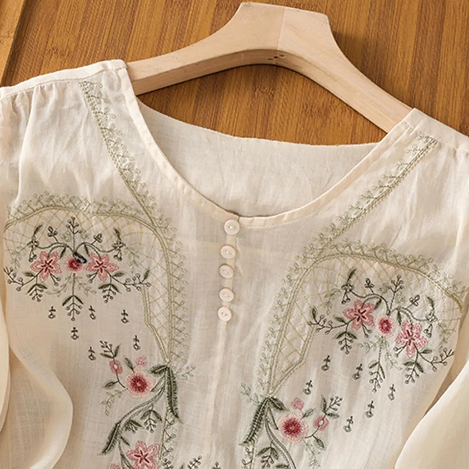 Womens Cotton Linen Button Top 3/4 Sleeve Shirts 2025 Spring Summer Casual Boho Tees Vintage Embroidered Blouse