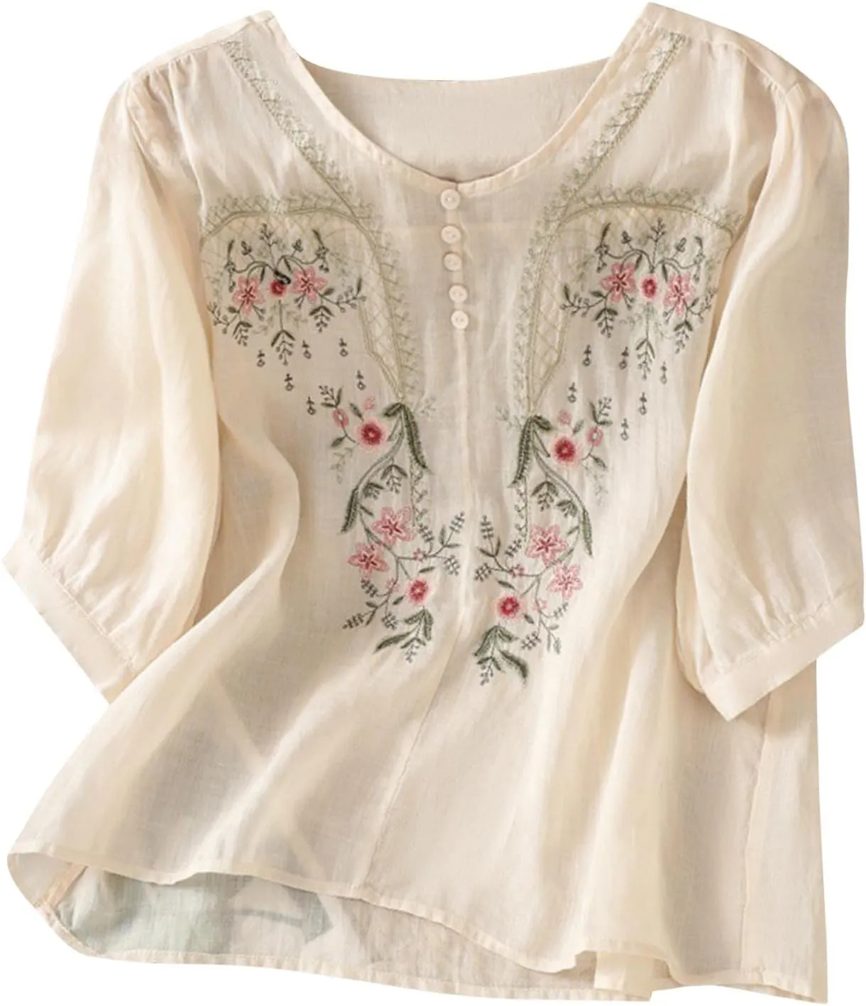 Womens Cotton Linen Button Top 3/4 Sleeve Shirts 2025 Spring Summer Casual Boho Tees Vintage Embroidered Blouse