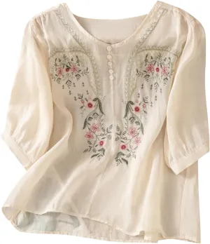 Womens Cotton Linen Button Top 3/4 Sleeve Shirts 2025 Spring Summer Casual Boho Tees Vintage Embroidered Blouse