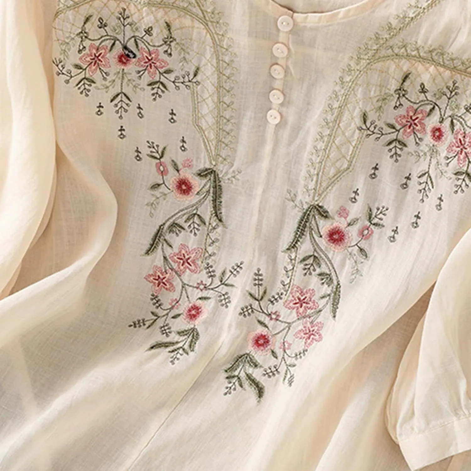 Womens Cotton Linen Button Top 3/4 Sleeve Shirts 2025 Spring Summer Casual Boho Tees Vintage Embroidered Blouse