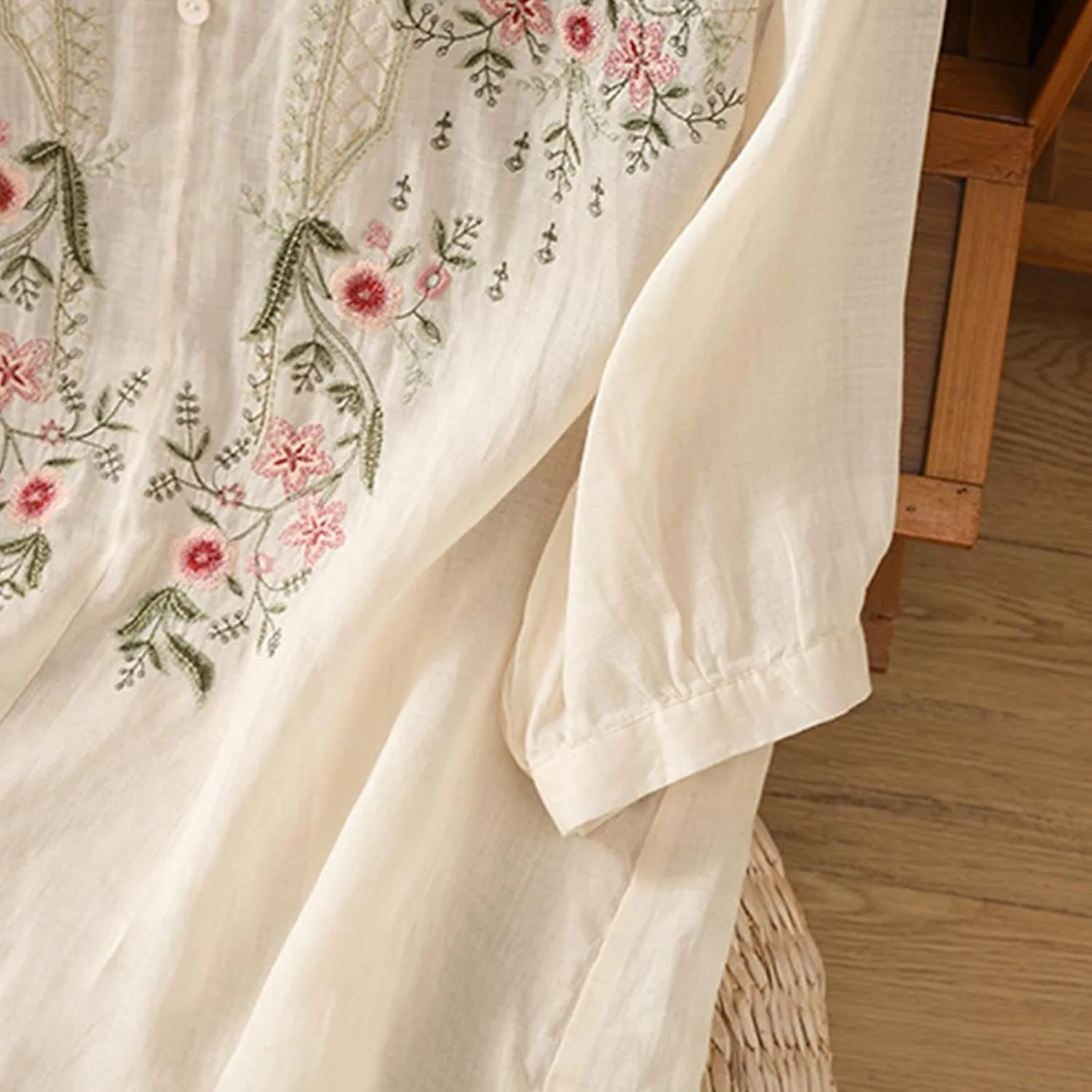 Womens Cotton Linen Button Top 3/4 Sleeve Shirts 2025 Spring Summer Casual Boho Tees Vintage Embroidered Blouse