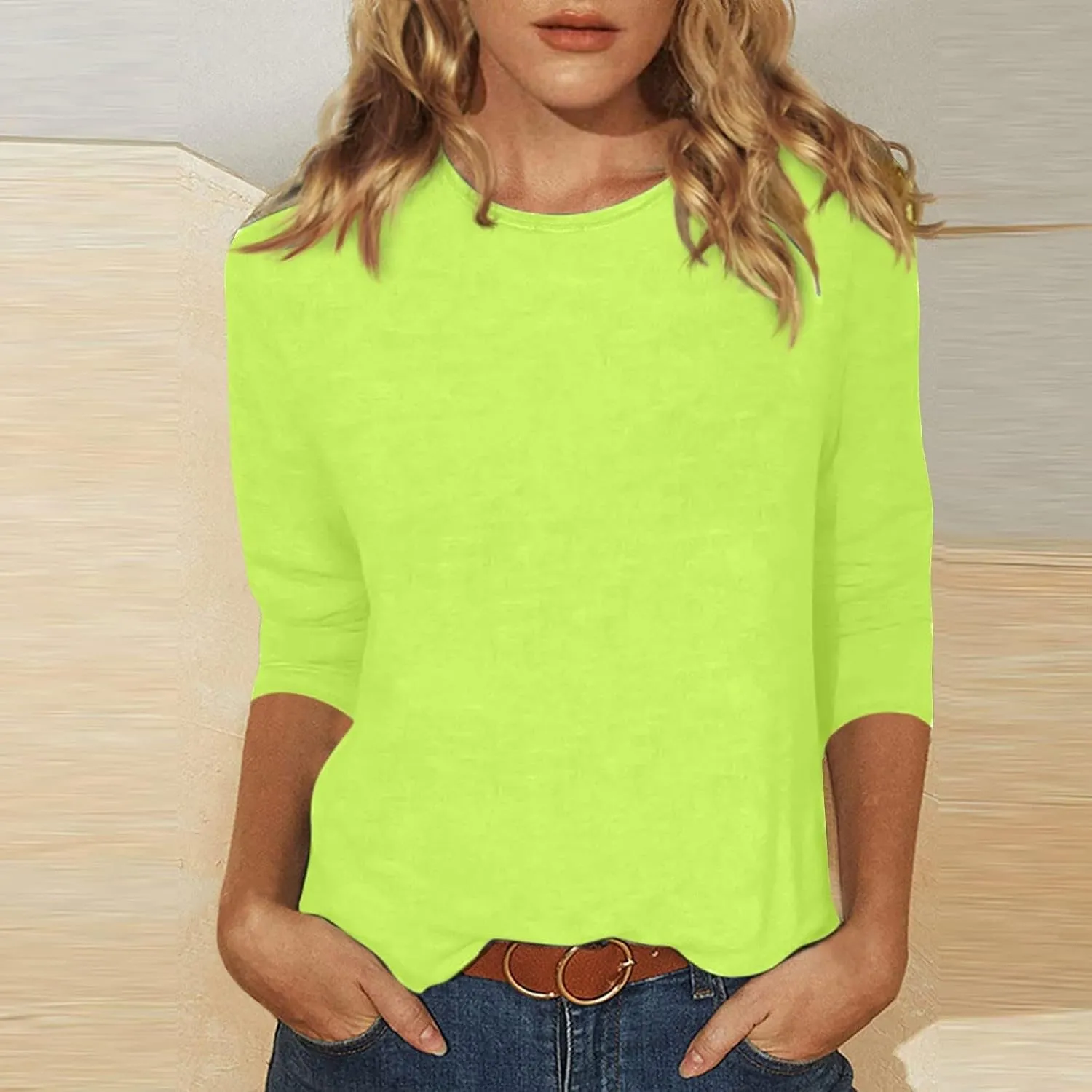 Women's Crewneck 3/4 Sleeve Tops,Casual Trendy Loose Fit Summer T Shirts Plain Tees Basic Tunic Blouses