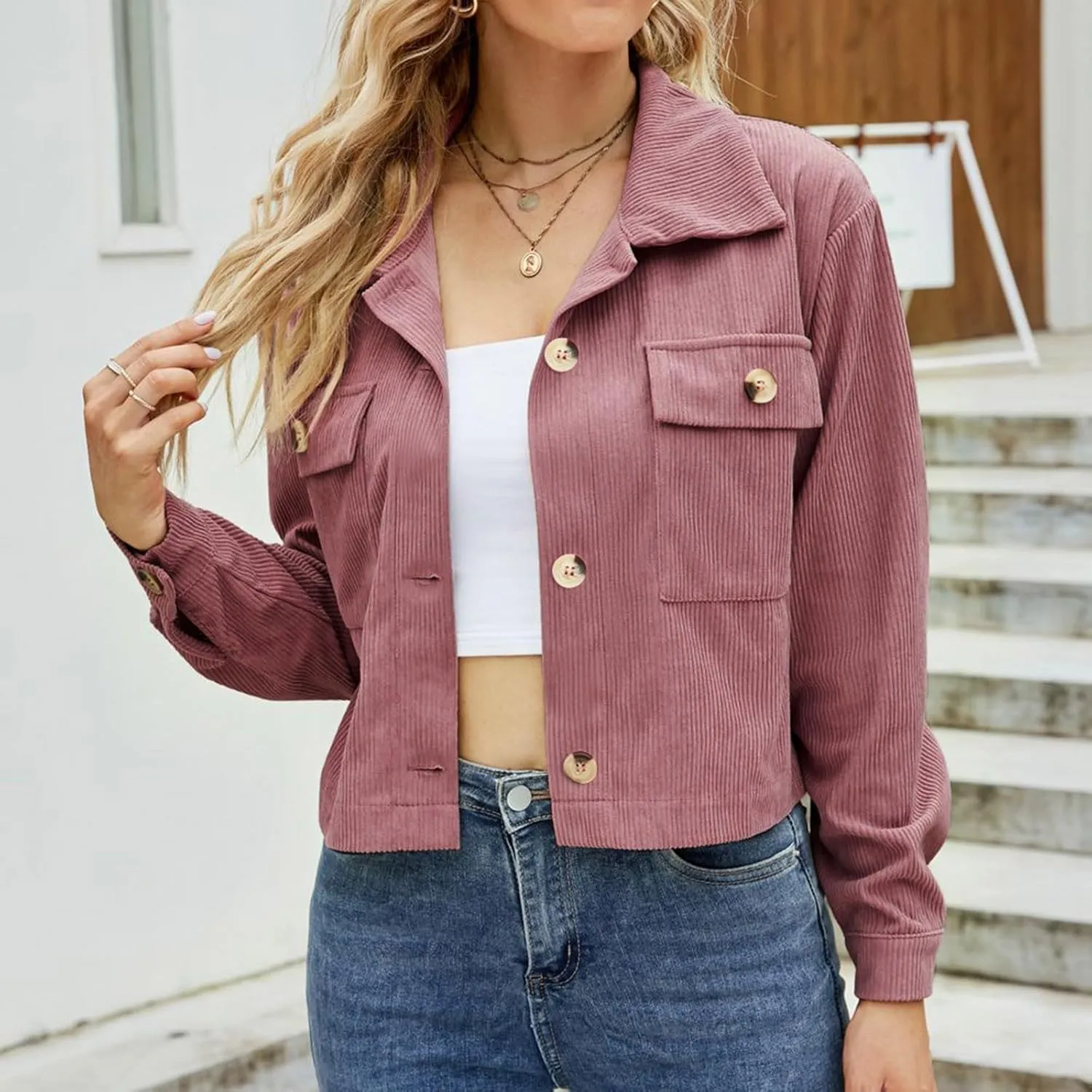 Womens Cropped Button Up Hoodies Sweatshirt Solid Color Lapel Long Sleeve Lightweight Jacket Winter Outfits Clothes