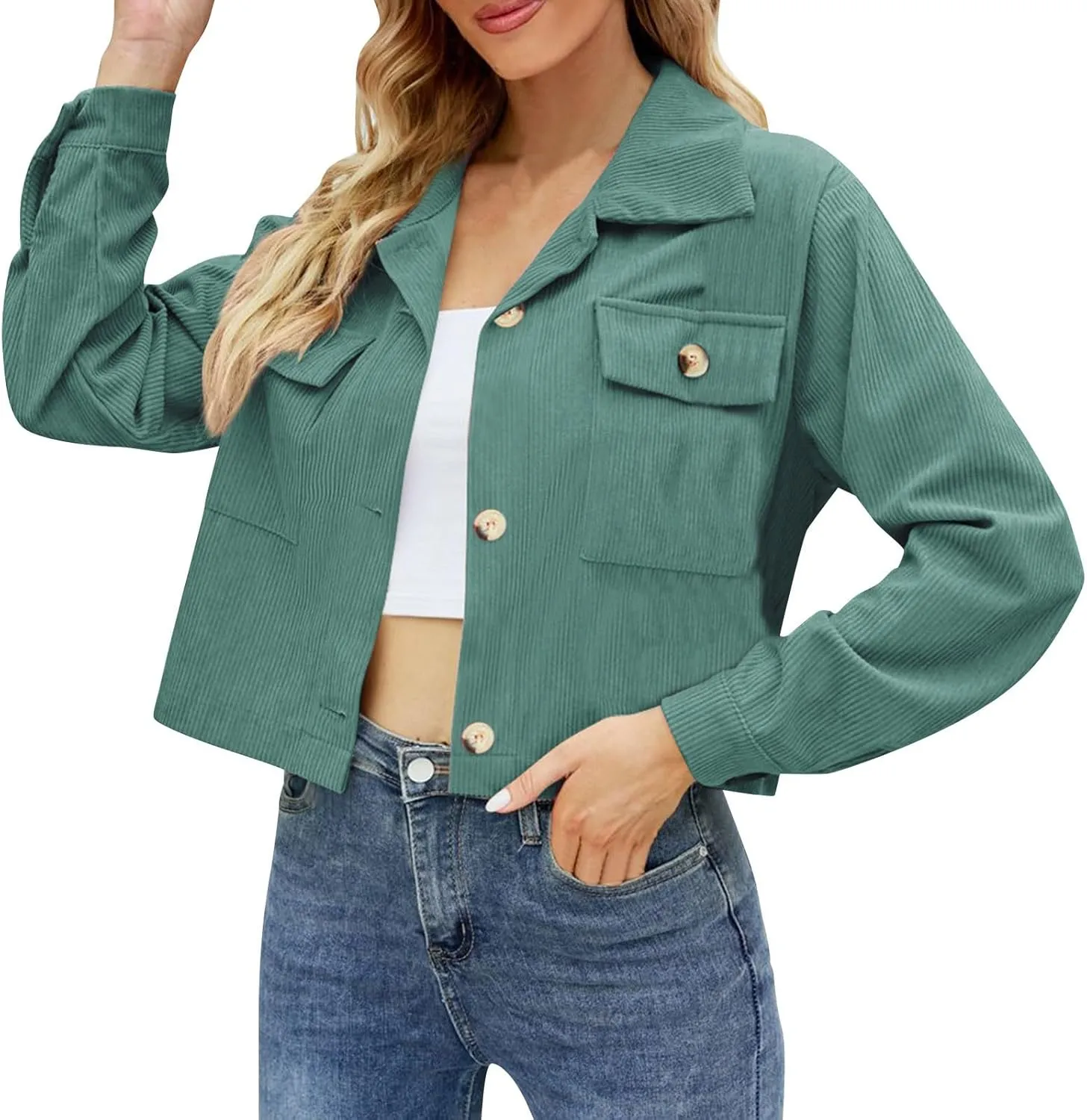 Womens Cropped Button Up Hoodies Sweatshirt Solid Color Lapel Long Sleeve Lightweight Jacket Winter Outfits Clothes