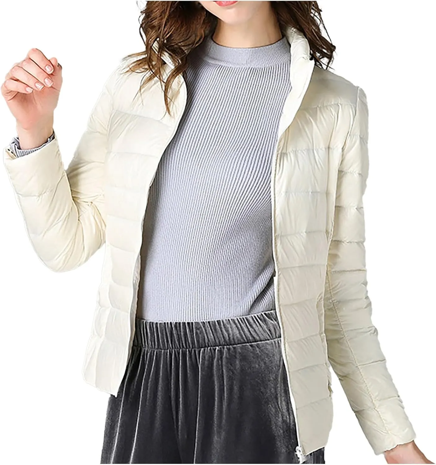 Womens Cropped Puffer Jacket Lightweight Packable Down Coat Casual Warm Zipper Long Sleeve Outwear 2024 Winter Coats