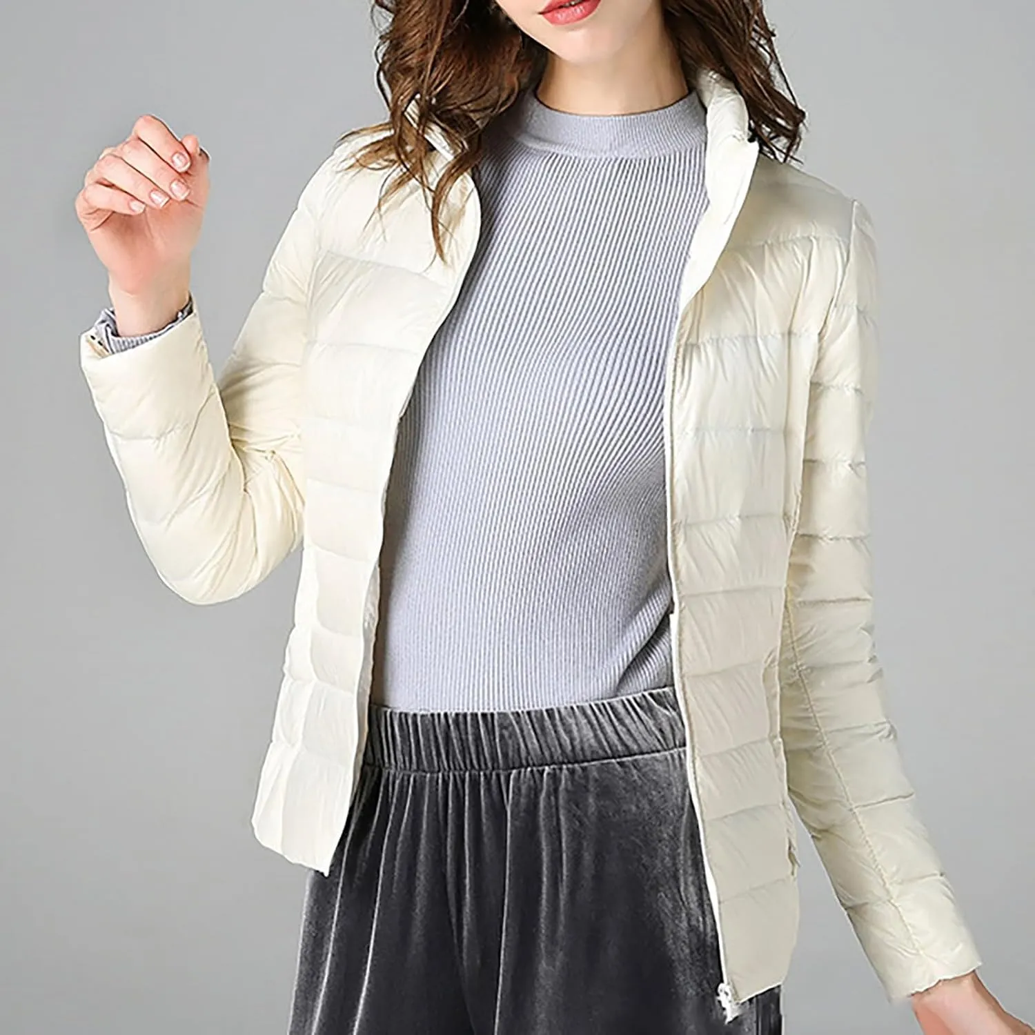 Womens Cropped Puffer Jacket Lightweight Packable Down Coat Casual Warm Zipper Long Sleeve Outwear 2024 Winter Coats