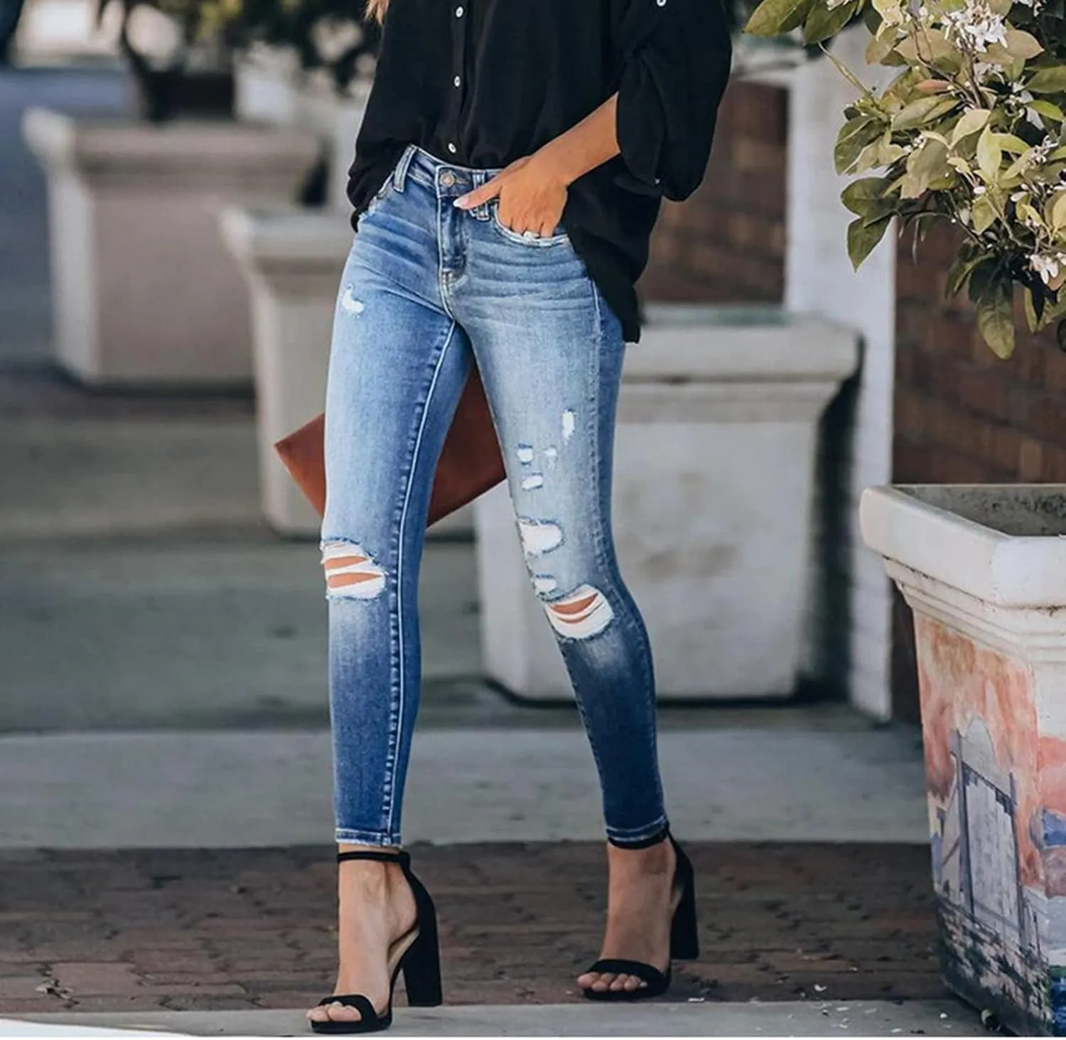 Womens Denim Jeggings Jeans Long Pants Slim Fit Classic Jeggings Denim Pants Distressed Destroyed Denim Pants