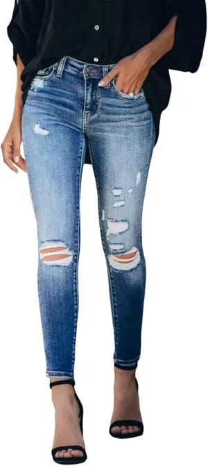 Womens Denim Jeggings Jeans Long Pants Slim Fit Classic Jeggings Denim Pants Distressed Destroyed Denim Pants