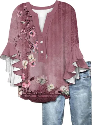 Womens Dress Shirts 3/4 Sleeve Loose Ruffle Summer Tshirt Button Down Henley Vneck Pleated 2025 Tops 1/2 Sleeve Blouse