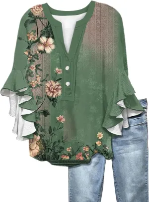 Womens Dress Shirts 3/4 Sleeve Loose Ruffle Summer Tshirt Button Down Henley Vneck Pleated 2025 Tops 1/2 Sleeve Blouse