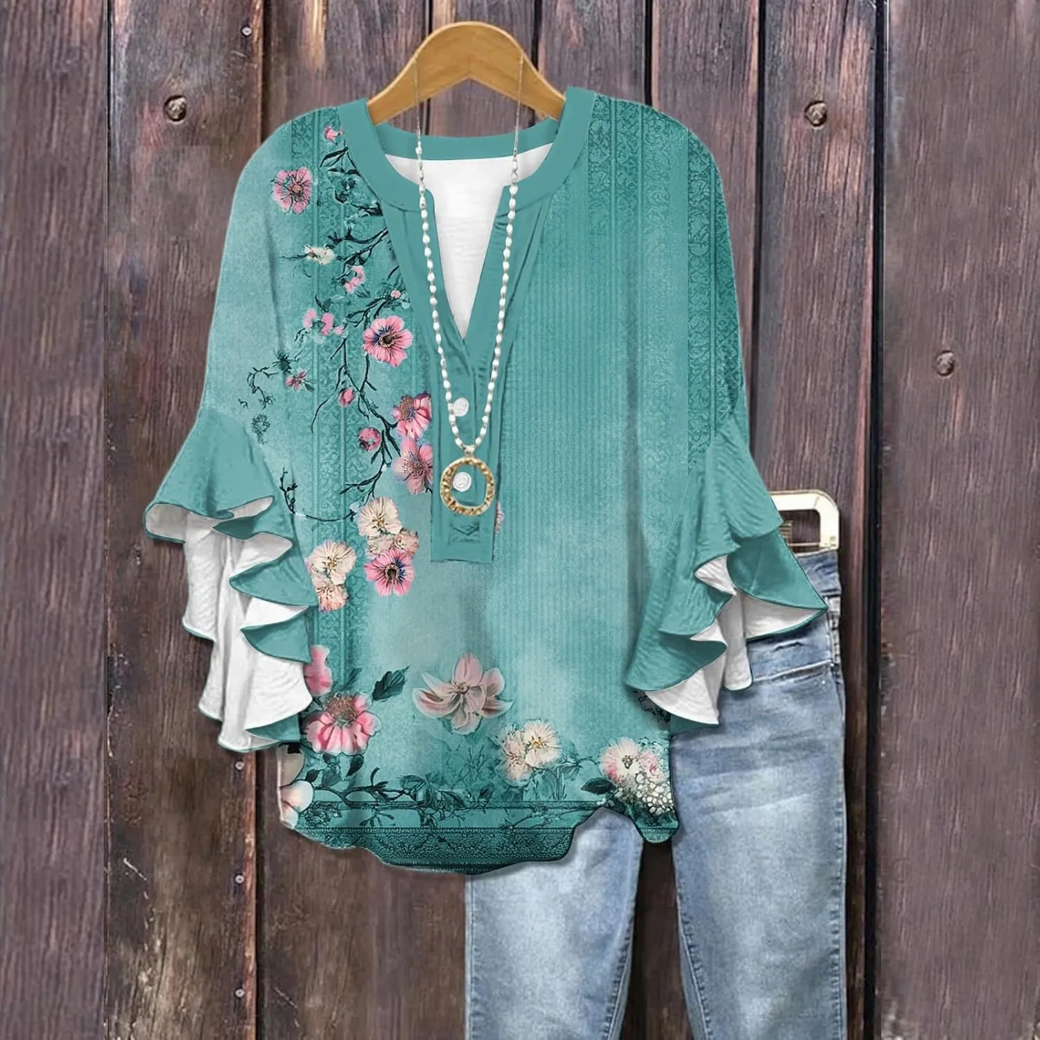 Womens Dress Shirts 3/4 Sleeve Loose Ruffle Summer Tshirt Button Down Henley Vneck Pleated 2025 Tops 1/2 Sleeve Blouse
