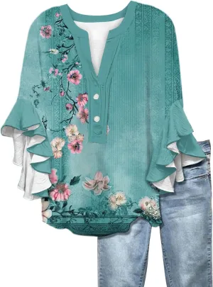 Womens Dress Shirts 3/4 Sleeve Loose Ruffle Summer Tshirt Button Down Henley Vneck Pleated 2025 Tops 1/2 Sleeve Blouse
