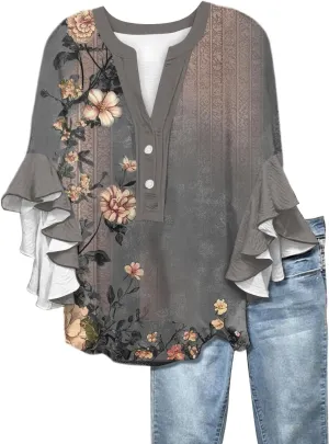 Womens Dress Shirts 3/4 Sleeve Loose Ruffle Summer Tshirt Button Down Henley Vneck Pleated 2025 Tops 1/2 Sleeve Blouse