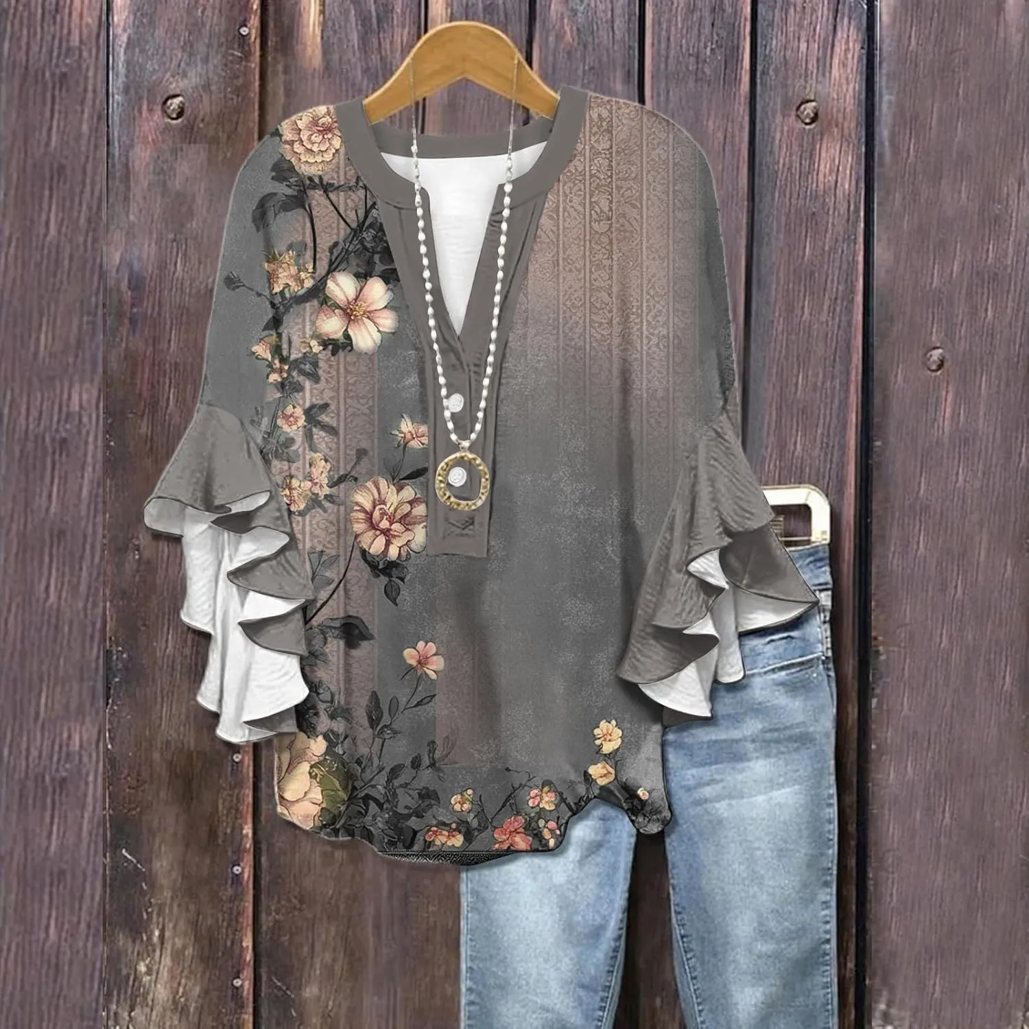 Womens Dress Shirts 3/4 Sleeve Loose Ruffle Summer Tshirt Button Down Henley Vneck Pleated 2025 Tops 1/2 Sleeve Blouse