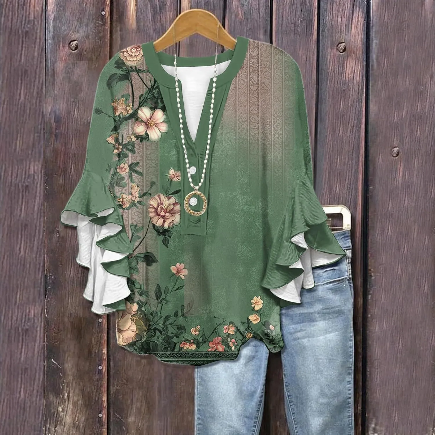 Womens Dress Shirts 3/4 Sleeve Loose Ruffle Summer Tshirt Button Down Henley Vneck Pleated 2025 Tops 1/2 Sleeve Blouse