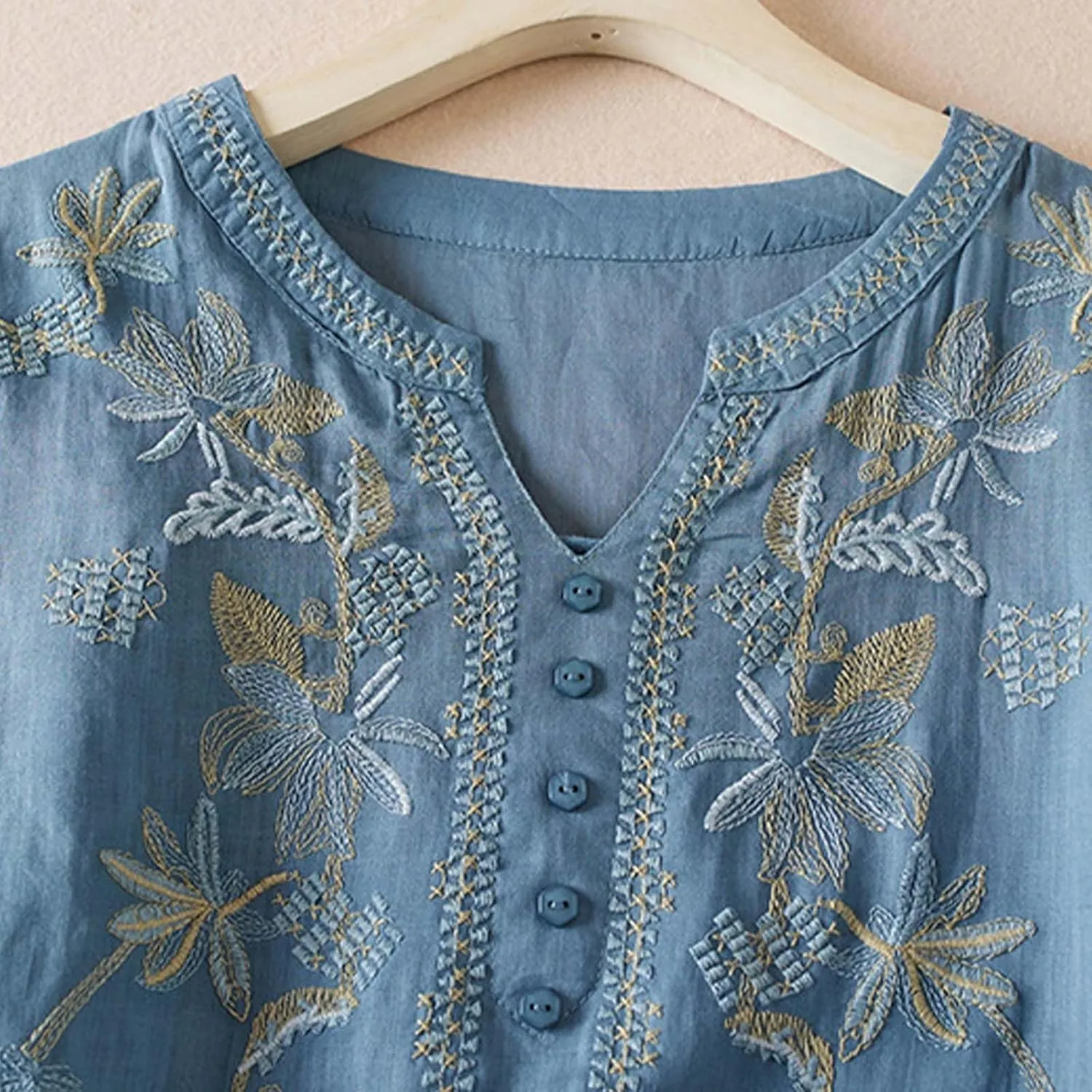 Women's Embroidery Tops 3/4 Sleeves Cotton Linen Shirts Button Down Tunic Blouse Lightweight V Neck Boho Vintage Tees