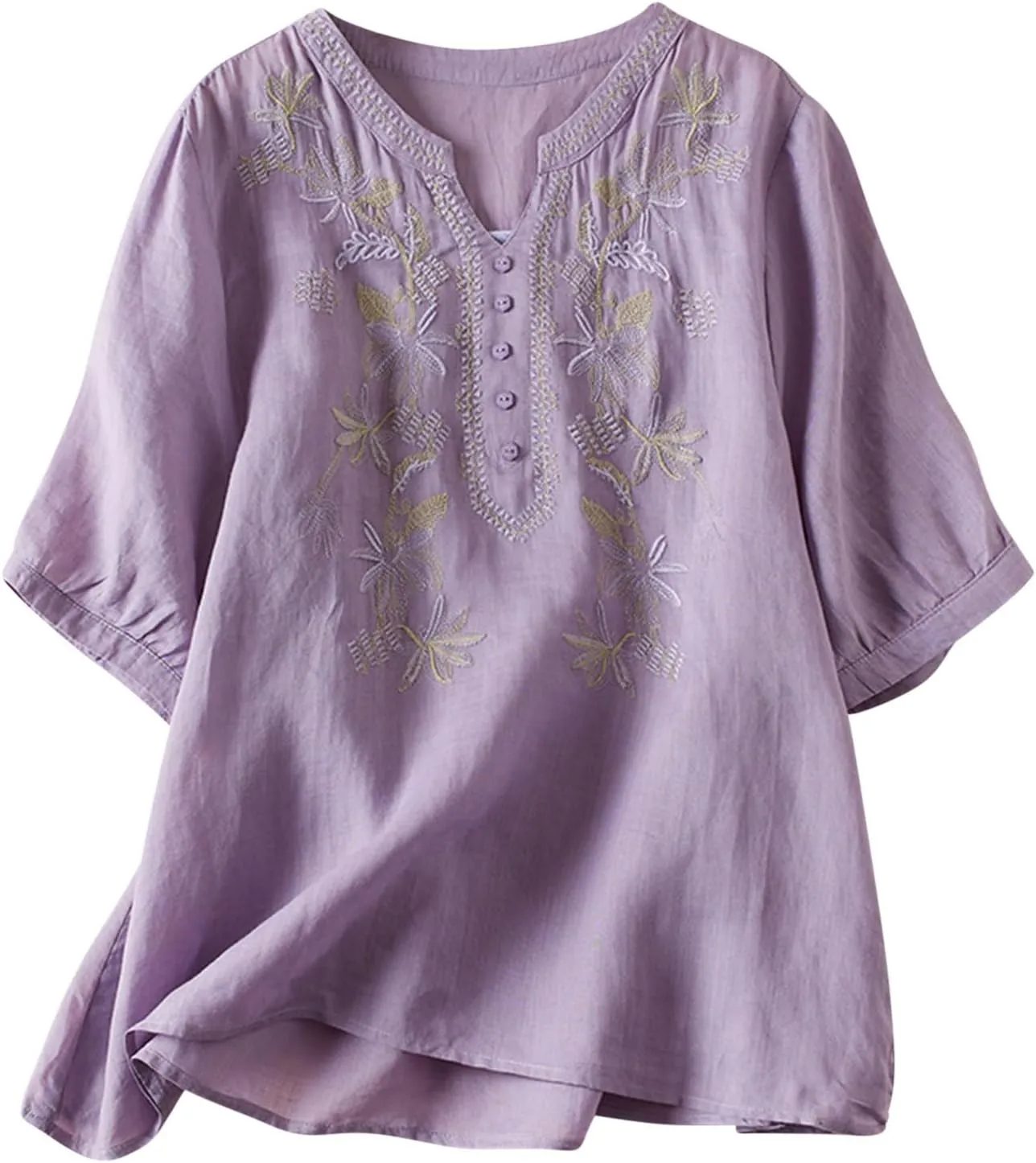 Women's Embroidery Tops 3/4 Sleeves Cotton Linen Shirts Button Down Tunic Blouse Lightweight V Neck Boho Vintage Tees
