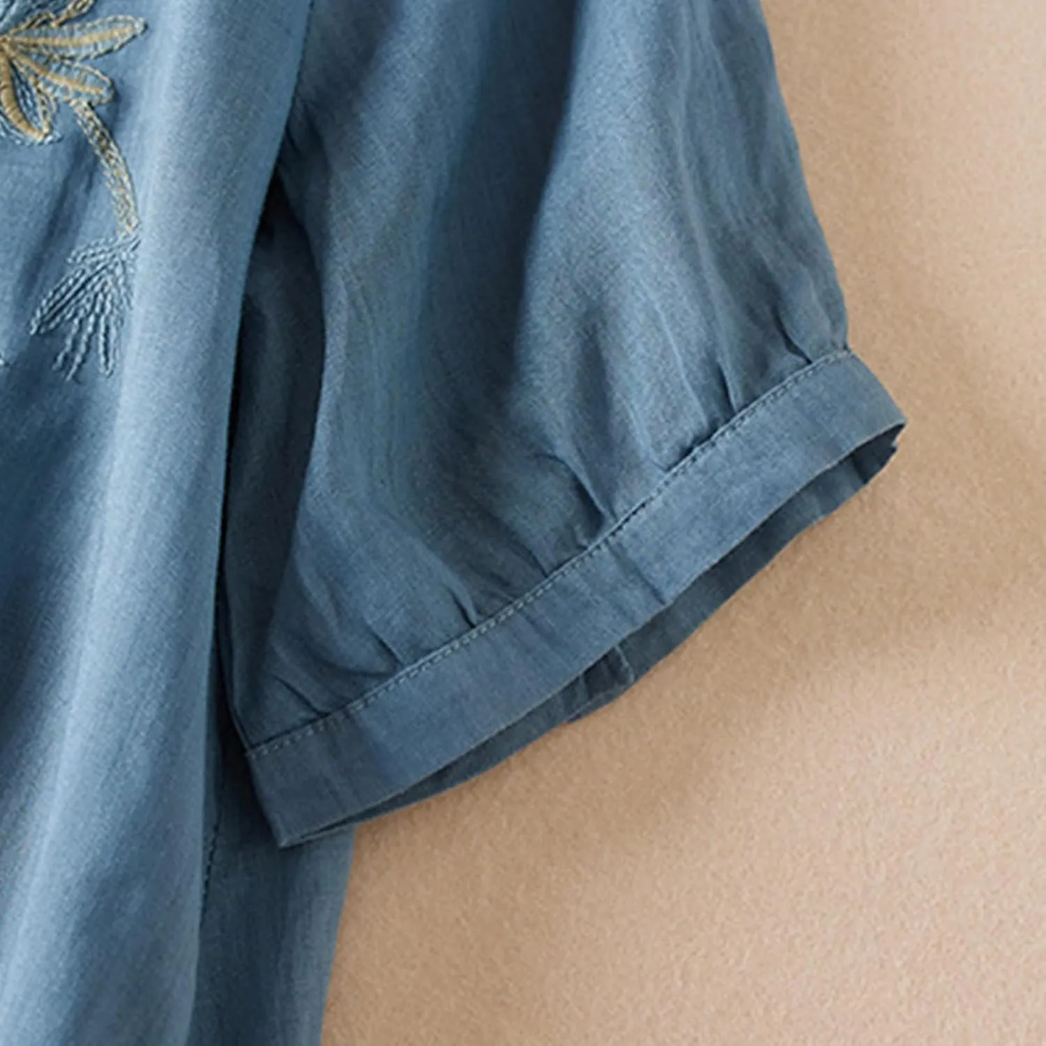 Women's Embroidery Tops 3/4 Sleeves Cotton Linen Shirts Button Down Tunic Blouse Lightweight V Neck Boho Vintage Tees