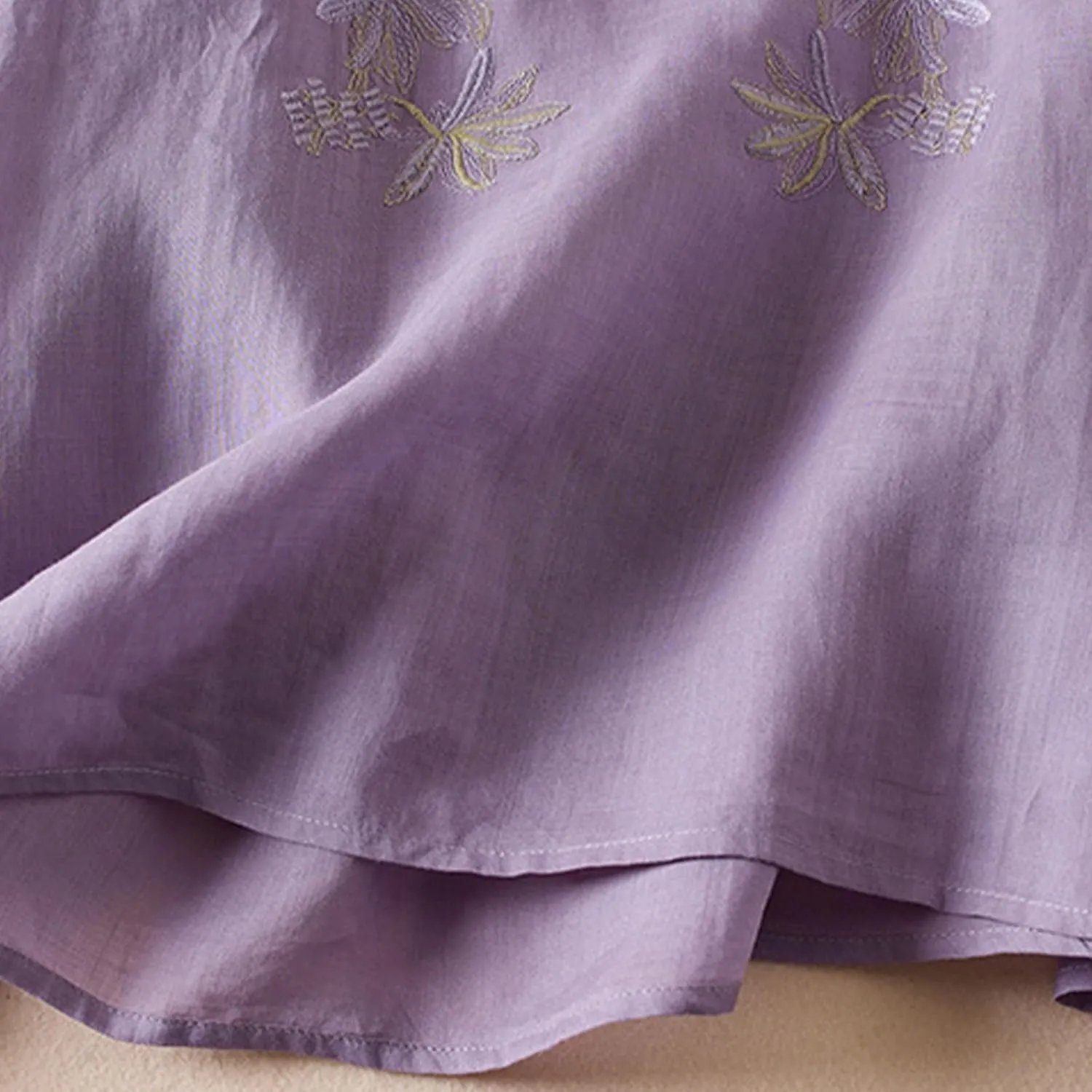 Women's Embroidery Tops 3/4 Sleeves Cotton Linen Shirts Button Down Tunic Blouse Lightweight V Neck Boho Vintage Tees