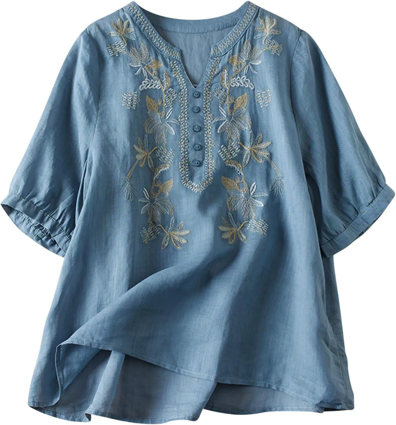 Women's Embroidery Tops 3/4 Sleeves Cotton Linen Shirts Button Down Tunic Blouse Lightweight V Neck Boho Vintage Tees