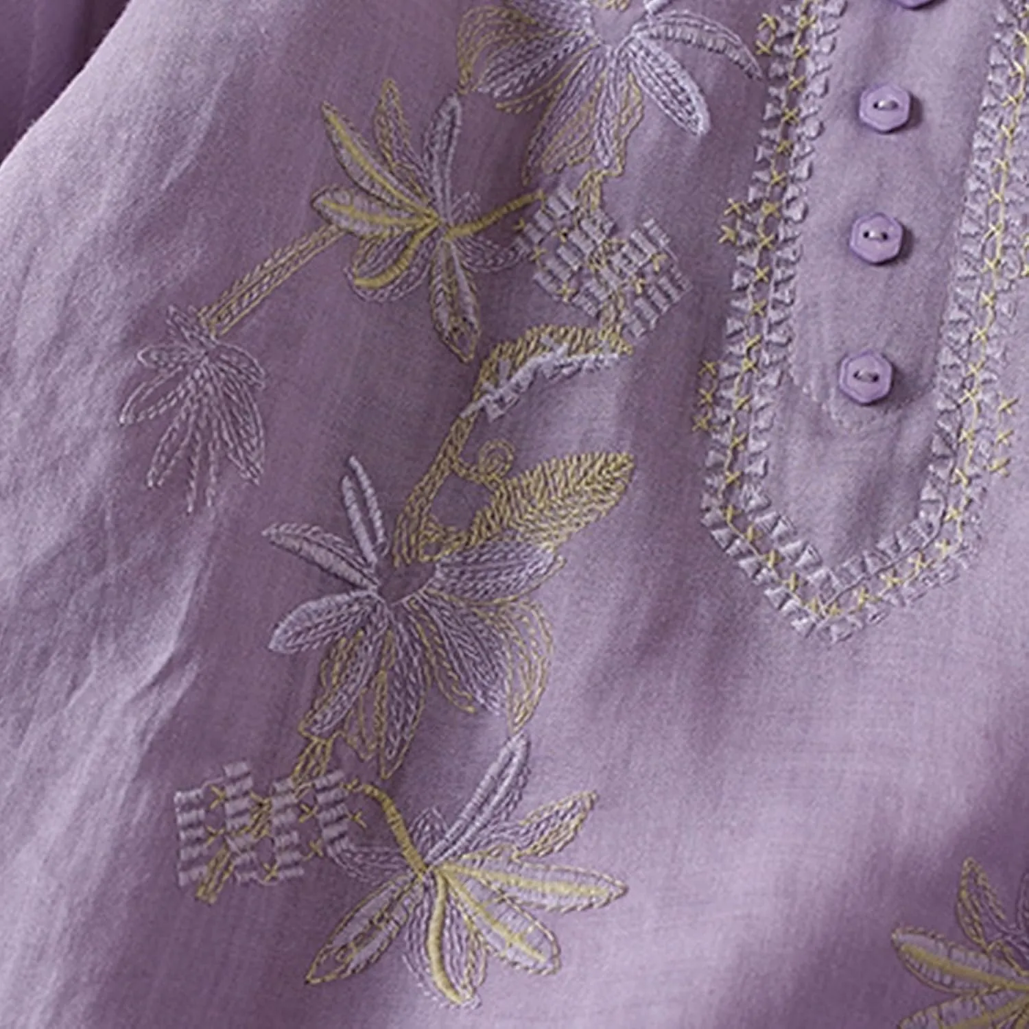 Women's Embroidery Tops 3/4 Sleeves Cotton Linen Shirts Button Down Tunic Blouse Lightweight V Neck Boho Vintage Tees
