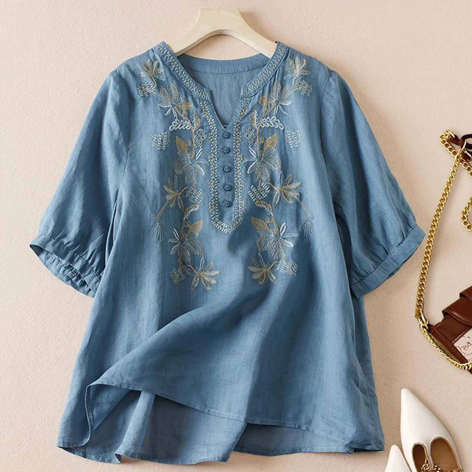 Women's Embroidery Tops 3/4 Sleeves Cotton Linen Shirts Button Down Tunic Blouse Lightweight V Neck Boho Vintage Tees