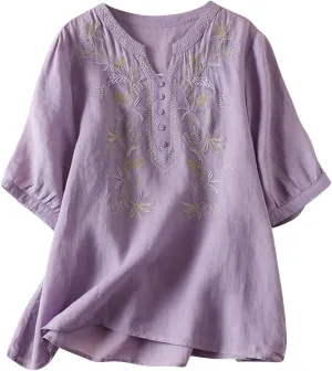 Women's Embroidery Tops 3/4 Sleeves Cotton Linen Shirts Button Down Tunic Blouse Lightweight V Neck Boho Vintage Tees